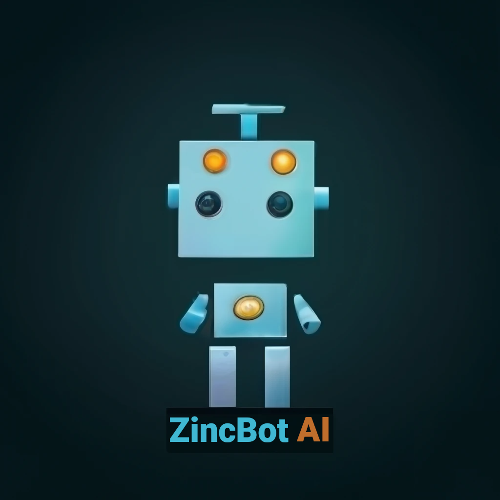 ZincBot AI logo.  A cute blue robot with a square head and flashy lights