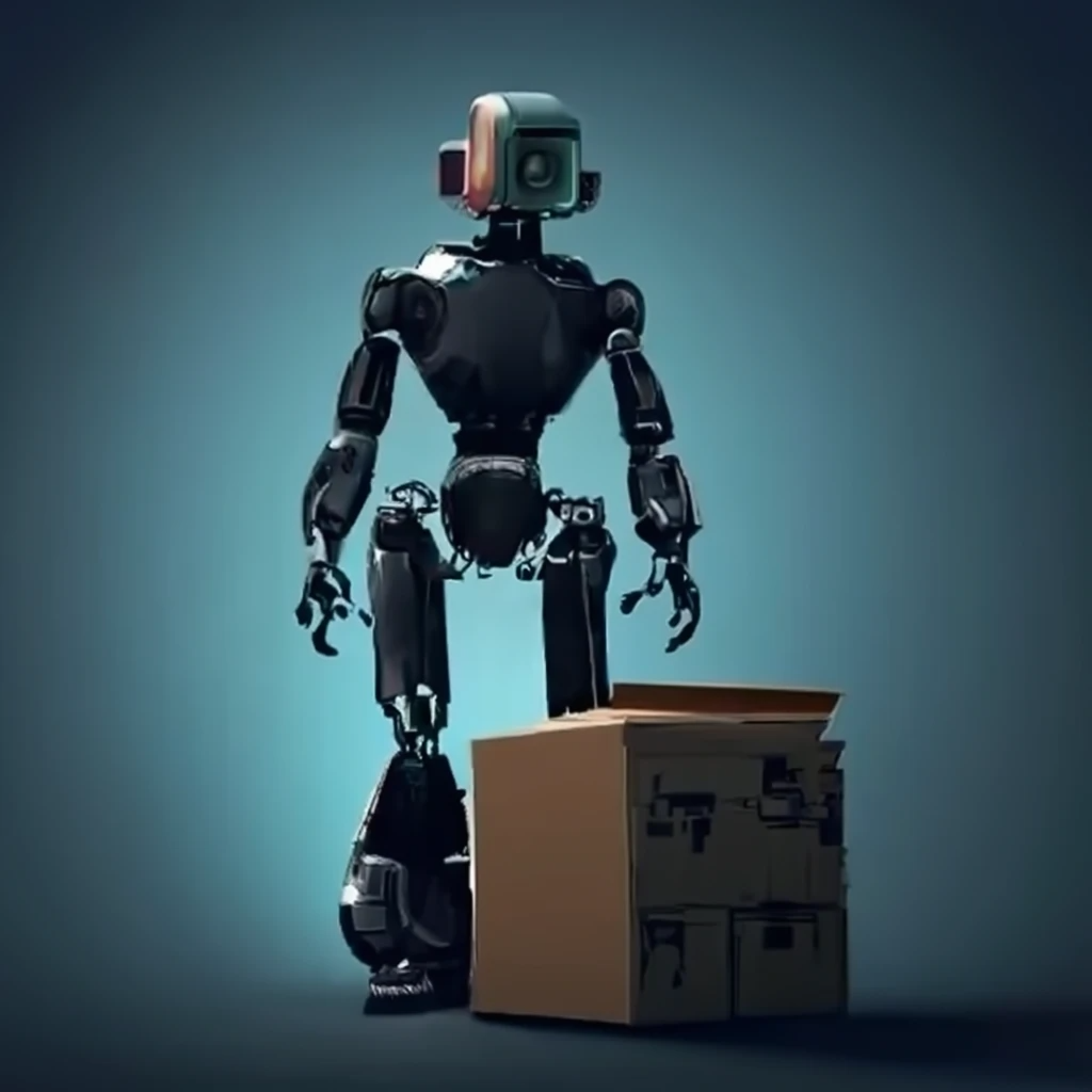 A blue robot with a parcel in front of it
