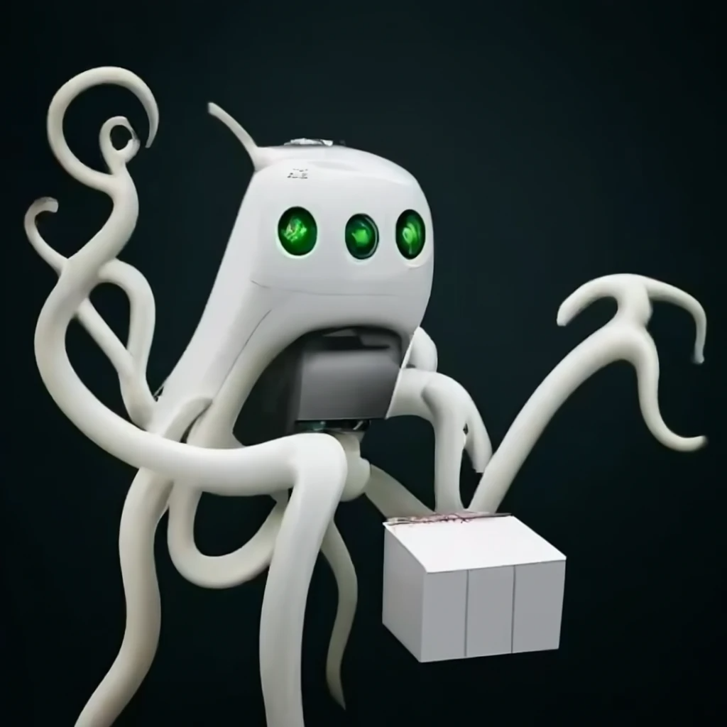 An octopus styled white robot carrying a parcel