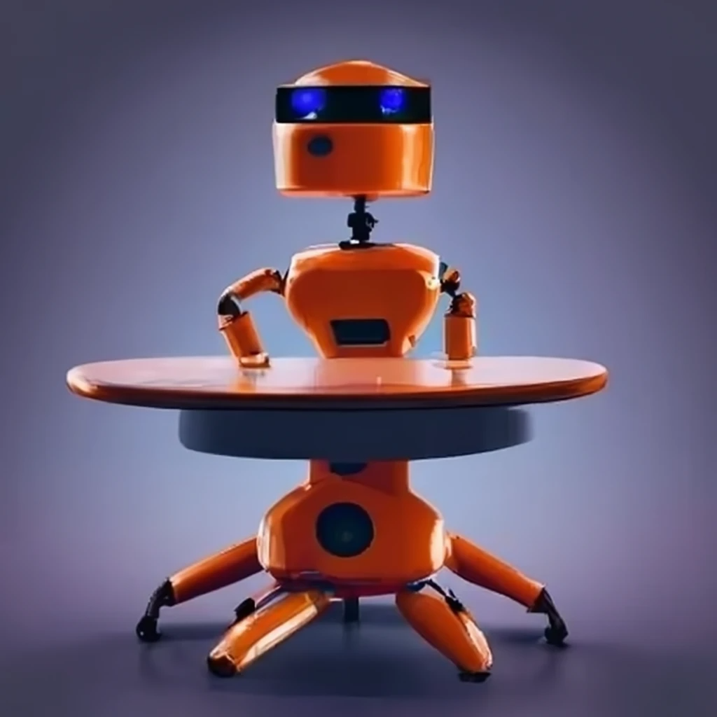 An orange robot sat behind a desk
