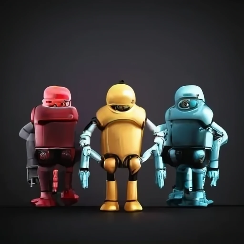 Three robots, one red, one yellow and one blue, standing in a line